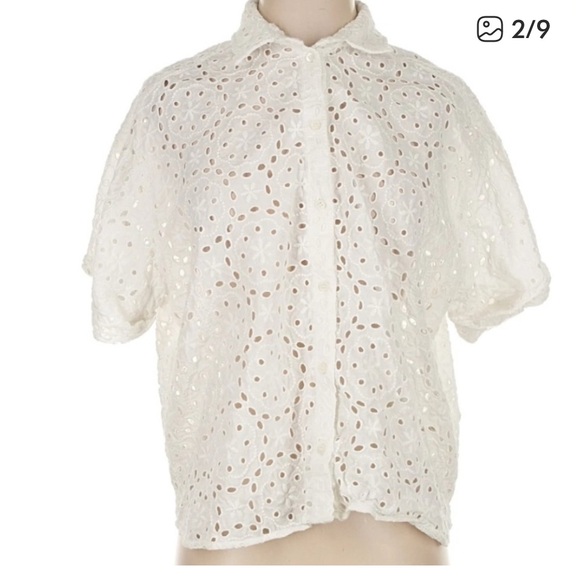 Sezane Laurineta Shirt White Eyelet Short Sleeve Button Down Size 4 - Picture 2 of 4